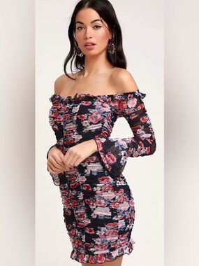 Lulus Majorly Dreamy Navy Floral Mesh Ruched Off-Shoulder Floral Bodycon Size M